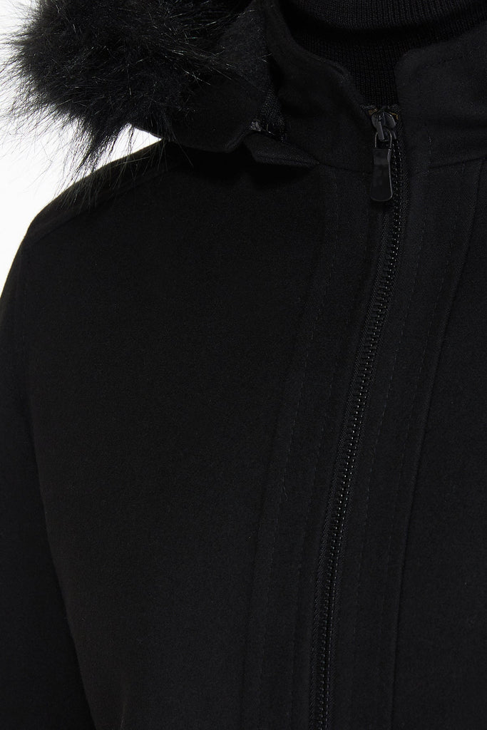 Slim Fit Cachet JOE Stand Collar Hooded Black Coat - Coat