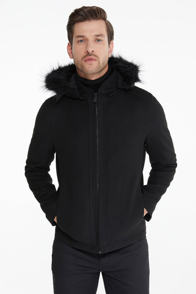 Slim Fit Cachet JOE Stand Collar Hooded Black Coat - MIB