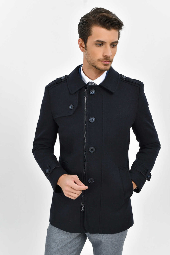 Slim Fit Cachet Kyoto Flat Collar Wool Blend Navy Coat - MIB