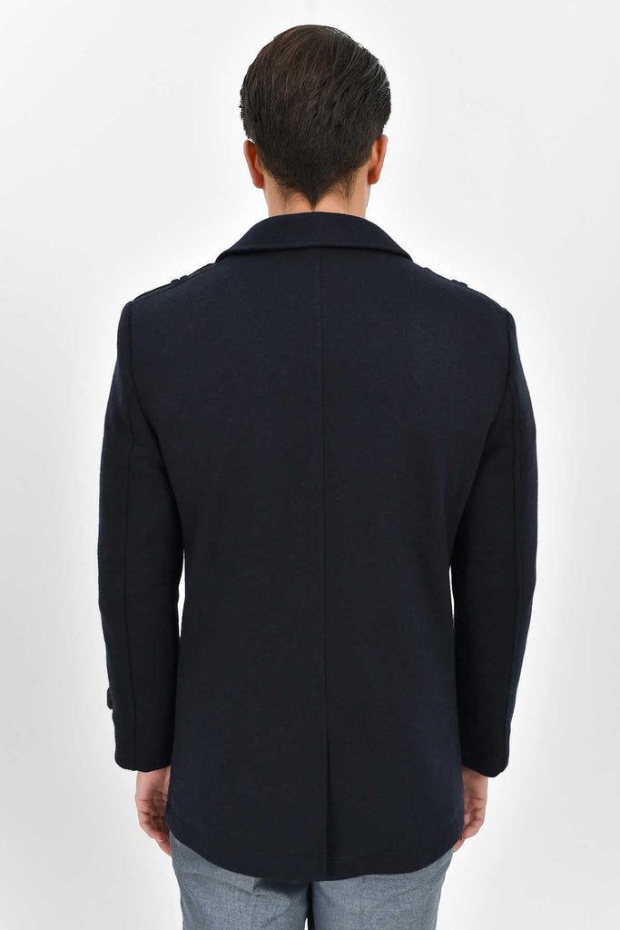 Slim Fit Cachet Kyoto Flat Collar Wool Blend Navy Coat - MIB