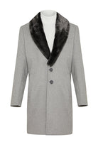 Gray wool coat with a plush black fur collar and two dark buttons.