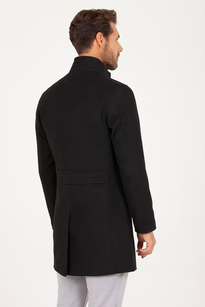 Slim Fit Cachet Notch Lapel Black Overcoat - MIB