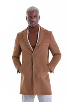 Brown woolen overcoat with notched lapels and two front buttons.