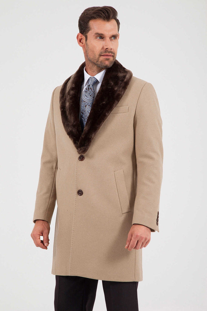 Slim Fit Cachet Notch Lapel Wool Blend Beige Overcoat - MIB