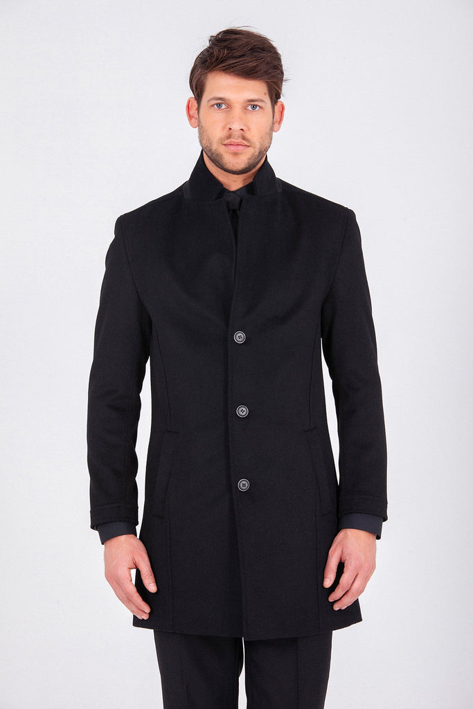 Slim Fit Cachet Notch Lapel Wool Blend Black Overcoat -