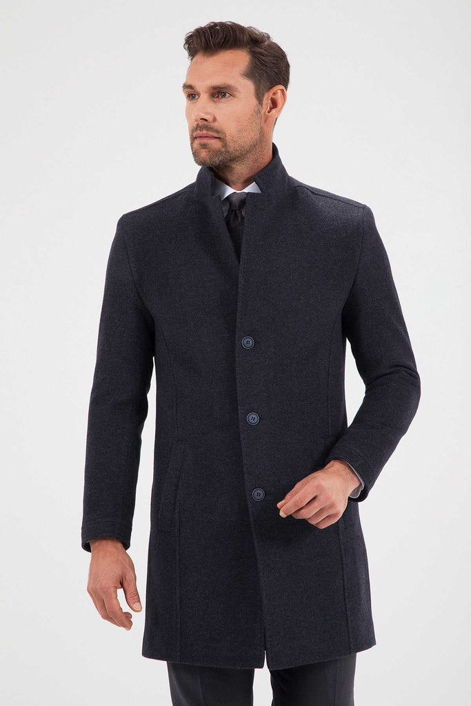 Slim Fit Cachet Notch Lapel Wool Blend Navy Overcoat - MIB