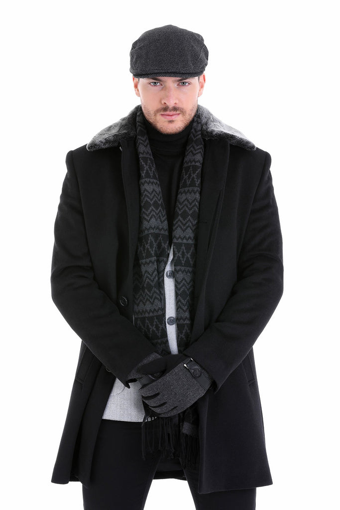Slim Fit Cachet Osaka Flat Collar Wool Blend Black Overcoat