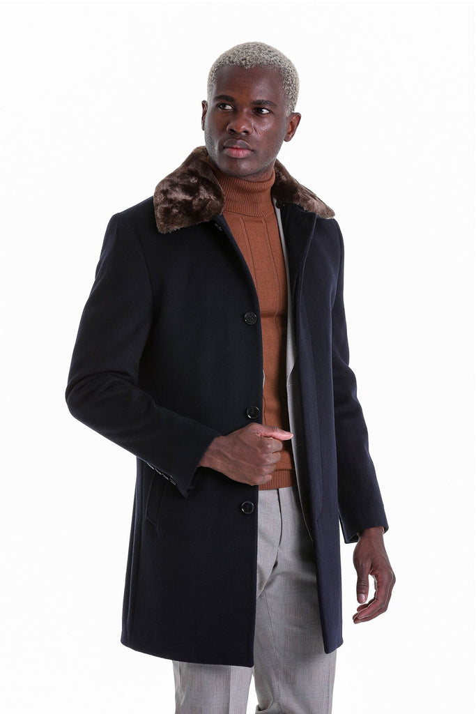 Slim Fit Cachet Osaka Flat Collar Wool Blend Black Overcoat