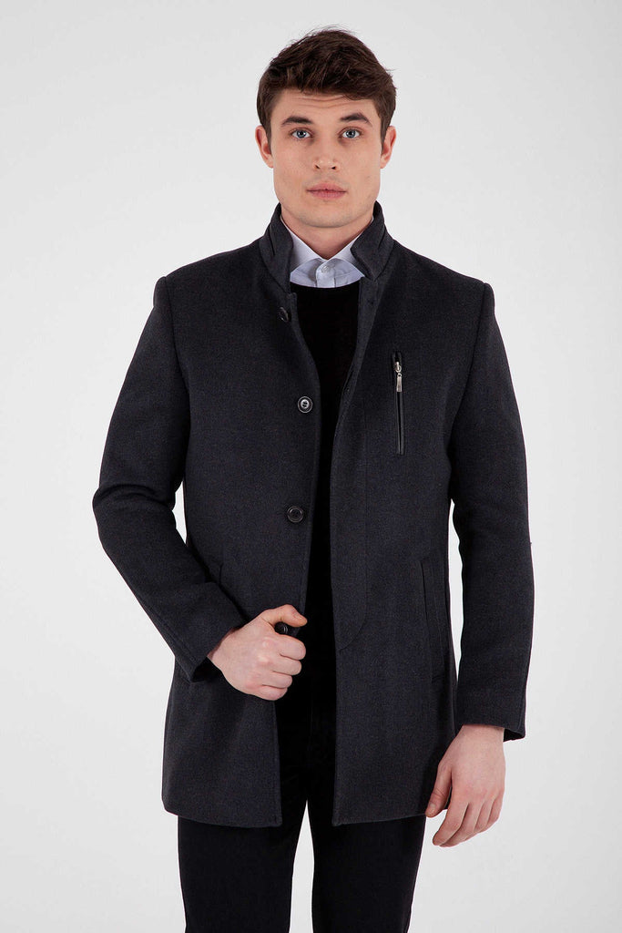 Slim Fit Cachet Pars Stand Collar Wool Blend Charcoal Coat
