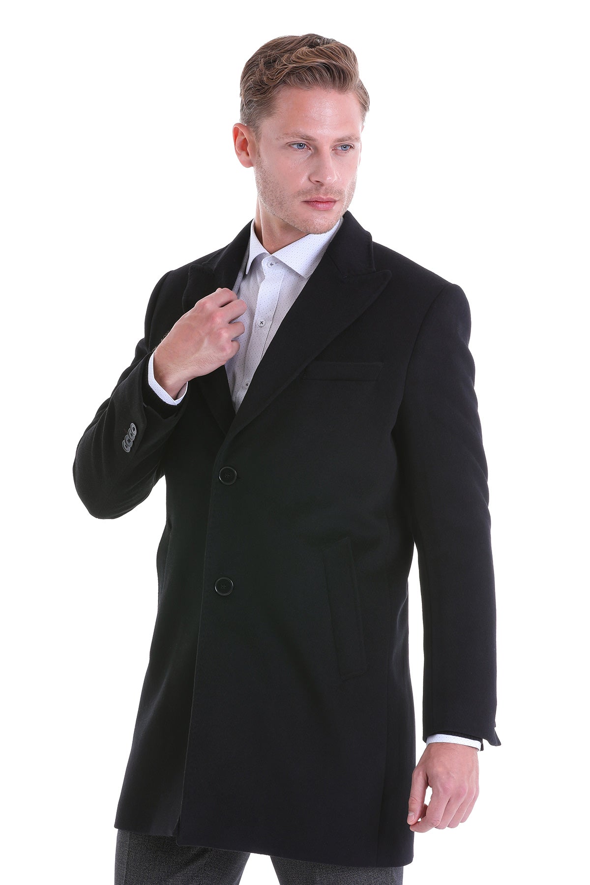 Black double-breasted wool overcoat with notched lapels and buttoned cuffs.