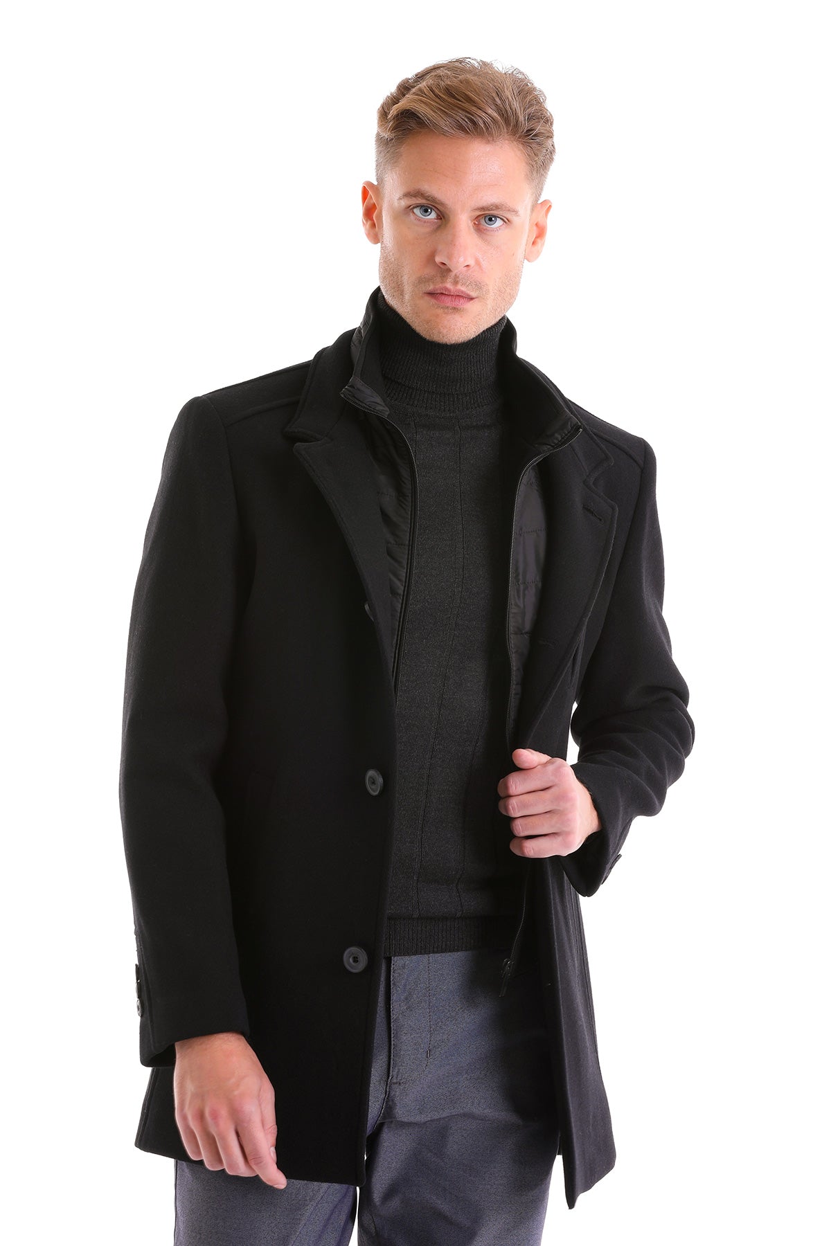 Slim Fit Cachet Stand Collar Black Wool Blend Overcoat – SAYKI