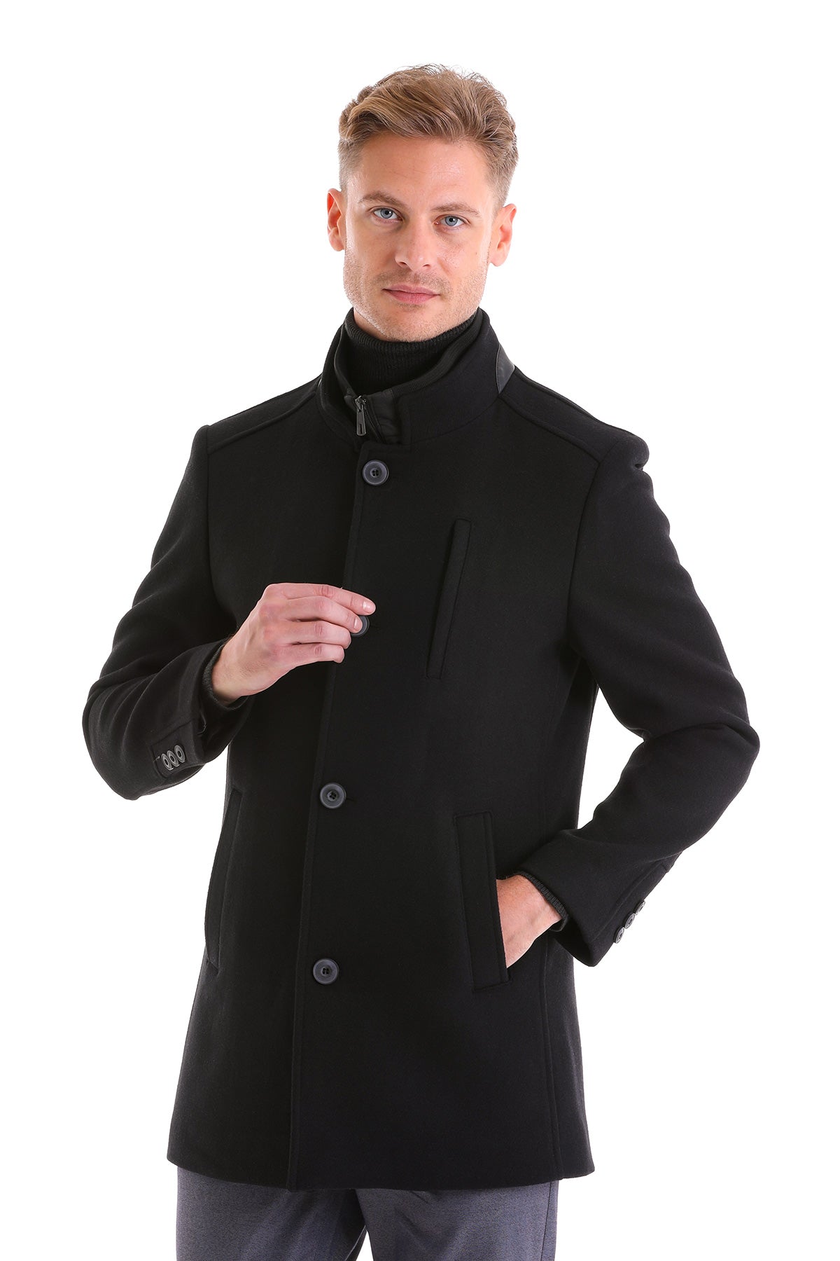 Slim Fit Cachet Stand Collar Black Wool Blend Overcoat – SAYKI