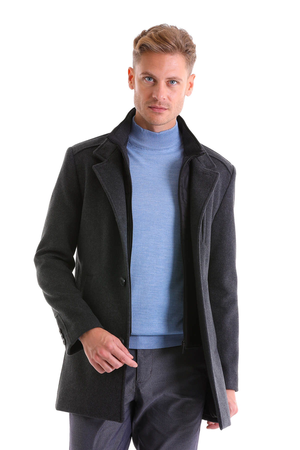 Slim Fit Cachet Stand Collar Dark Gray Wool Blend Overcoat – SAYKI