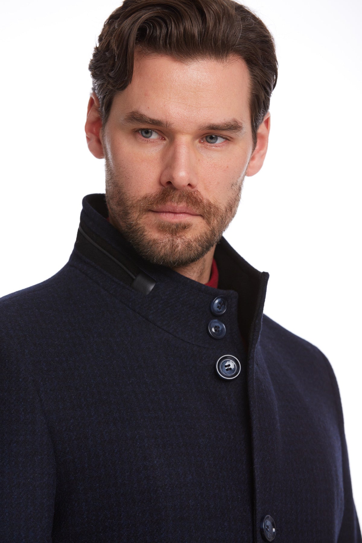 Slim Fit Cachet Stand Collar Navy Wool Blend Overcoat – SAYKI