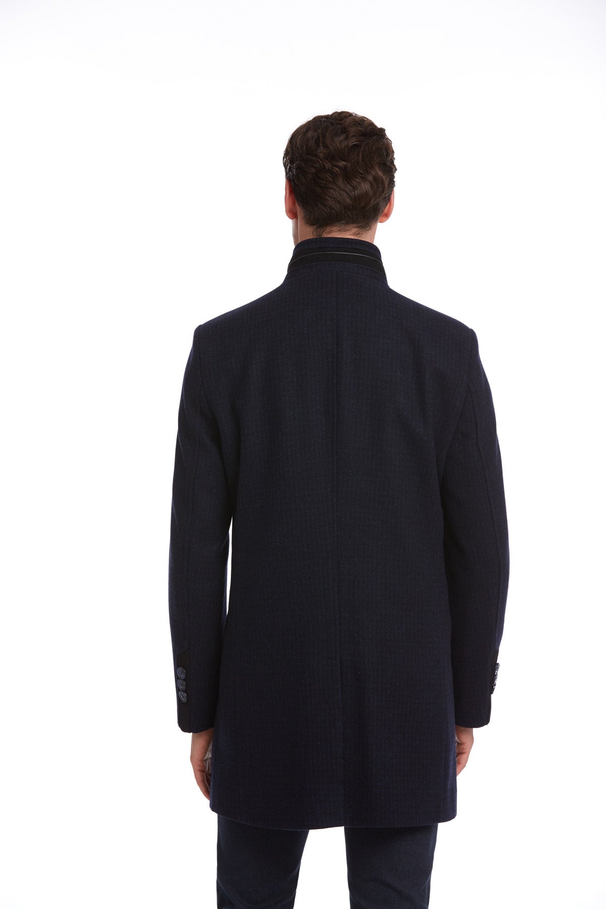 Slim Fit Cachet Stand Collar Navy Wool Blend Overcoat – SAYKI