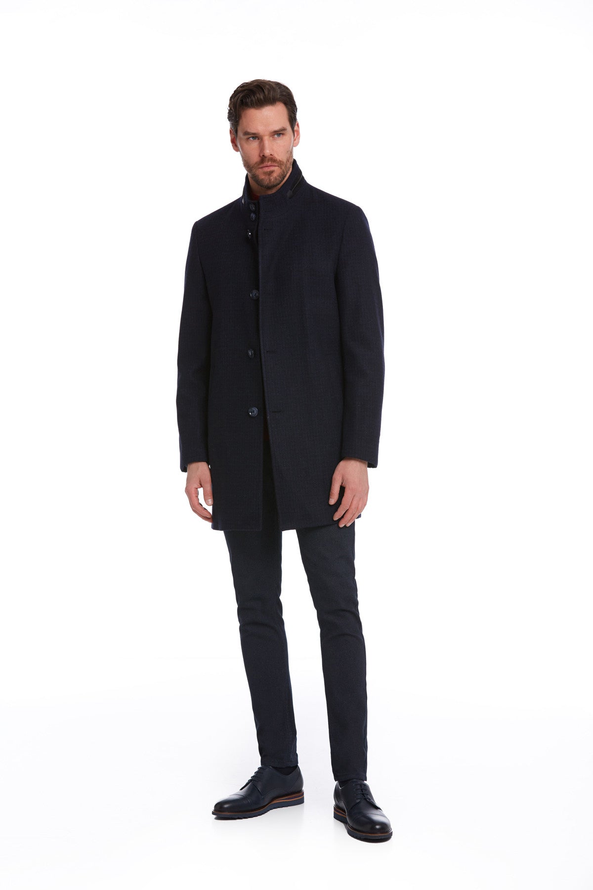 Slim Fit Cachet Stand Collar Navy Wool Blend Overcoat - SAYKI