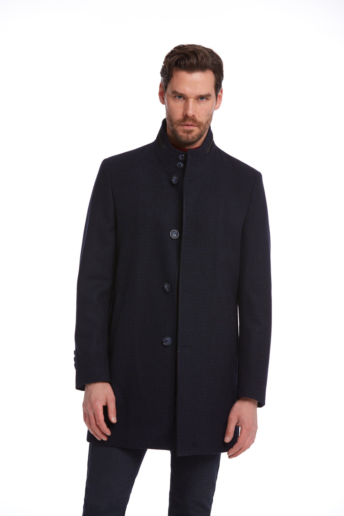 Slim Fit Cachet Stand Collar Navy Wool Blend Overcoat – SAYKI