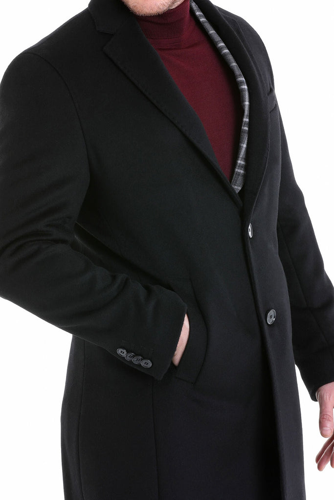Slim Fit Cachet TBC Notch Lapel Wool Black Overcoat - MIB