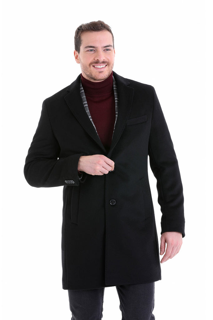 Slim Fit Cachet TBC Notch Lapel Wool Black Overcoat - MIB