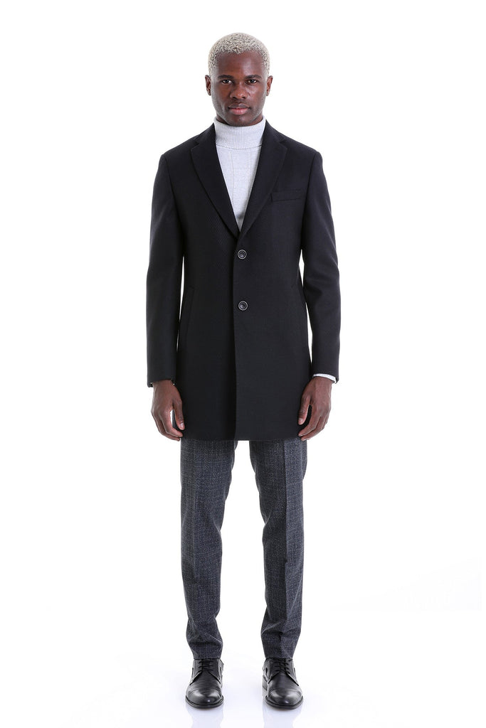 Slim Fit Cachet TBC Notch Lapel Wool Blend Black Overcoat