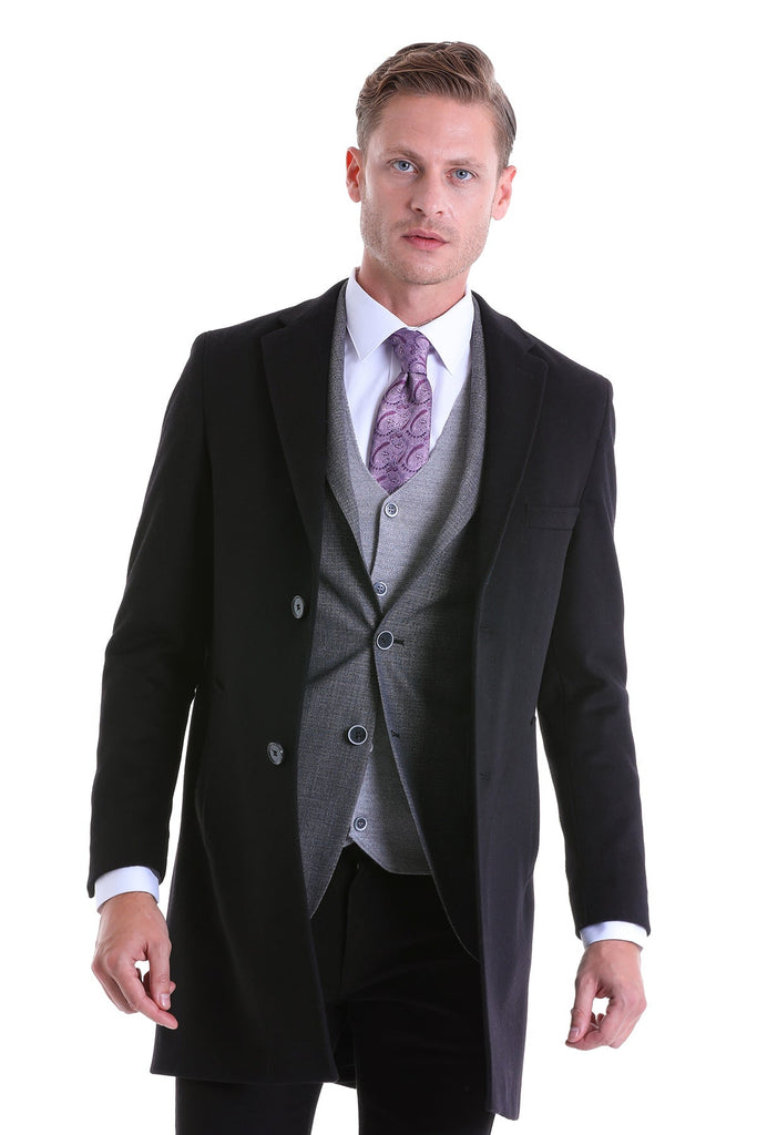 Slim Fit Cachet TBC Notch Lapel Wool Blend Black Overcoat