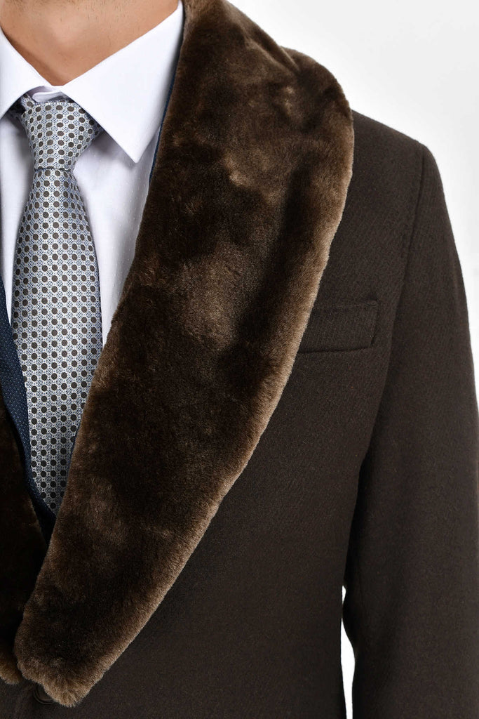 Slim Fit Cachet Wool Blend Brown Overcoat - MIB