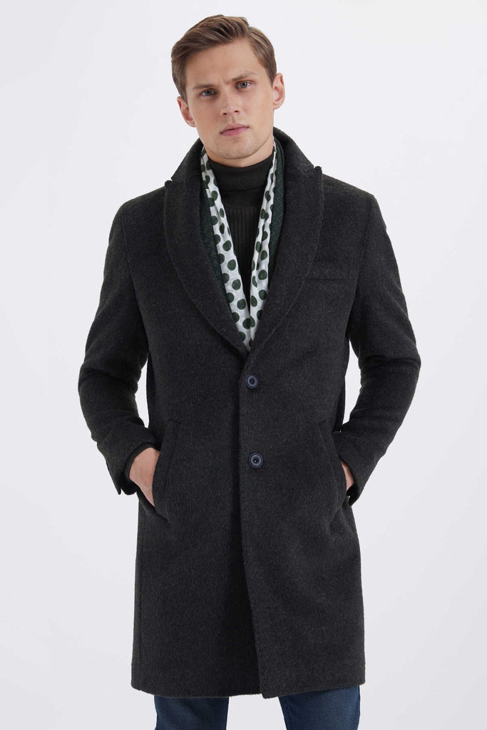 Slim Fit Cachet Wool Blend Charcoal Overcoat - MIB
