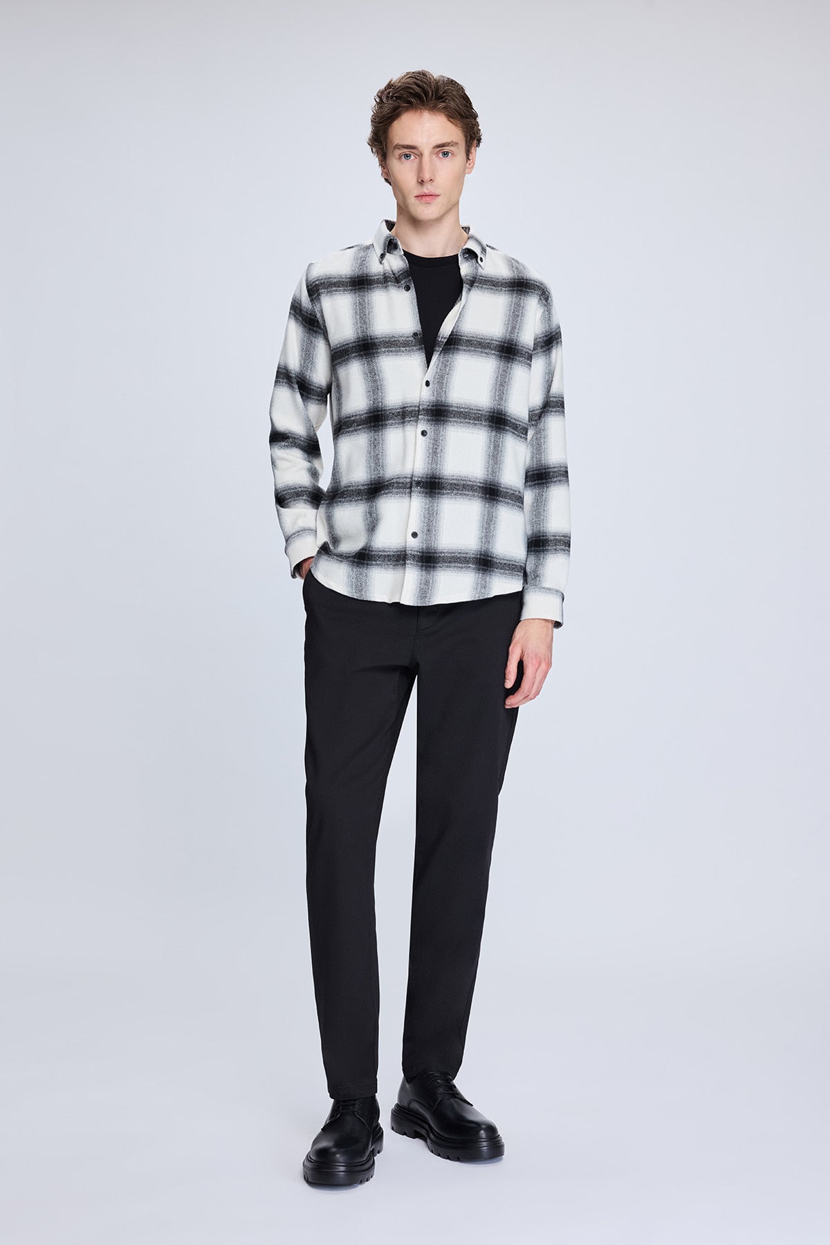 Slim Fit Check Plaid Cotton Blend Black Casual Shirt - SAYKI