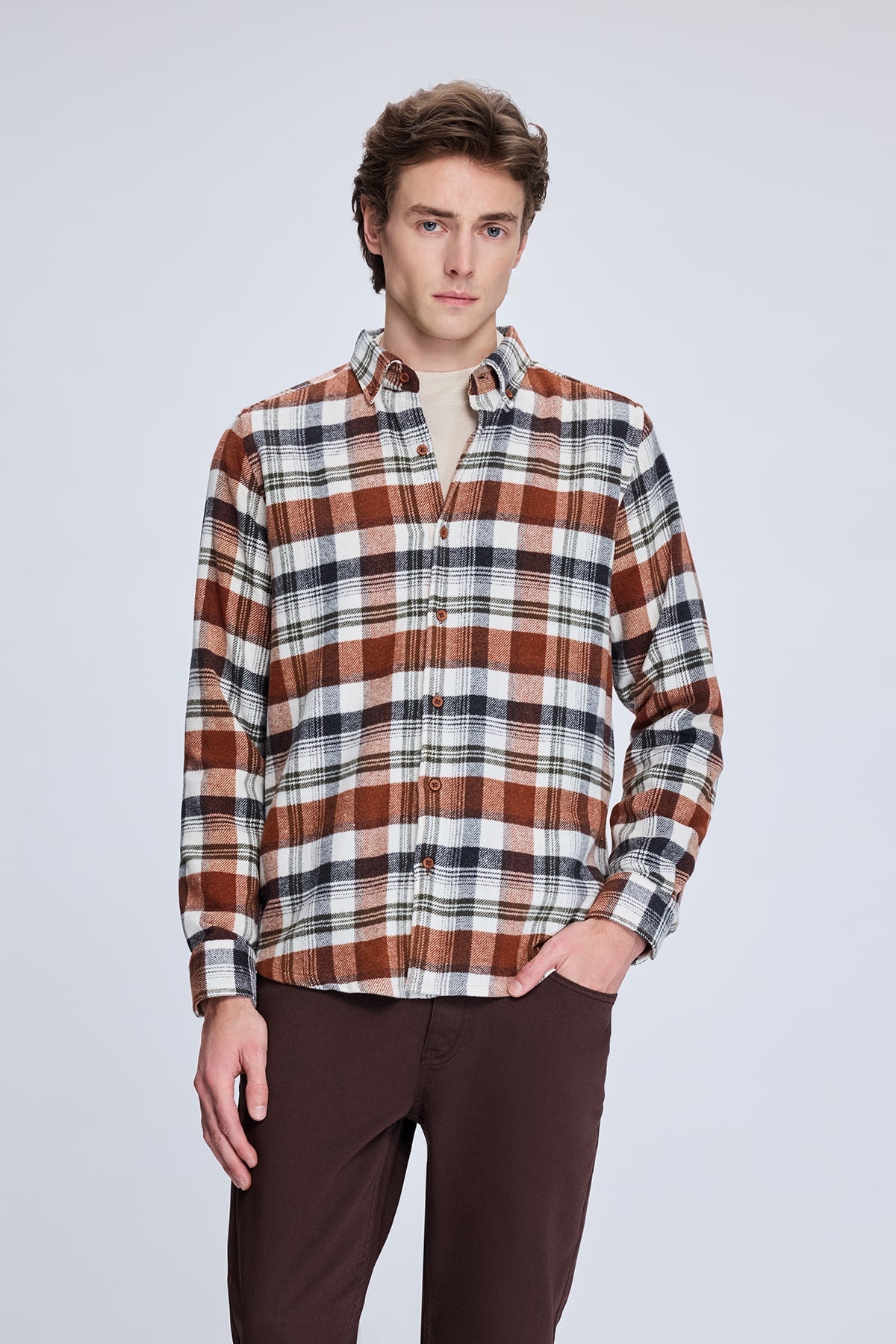 Slim Fit Check Plaid Cotton Blend Brick Casual Shirt - MIB
