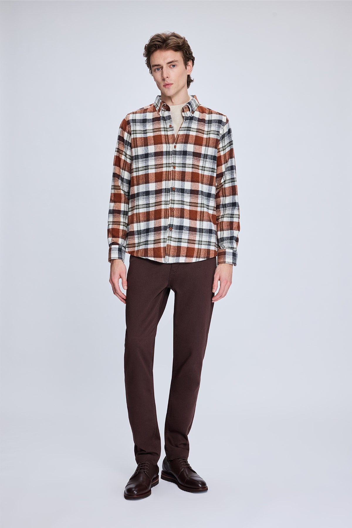 Slim Fit Check Plaid Cotton Blend Brick Casual Shirt - MIB