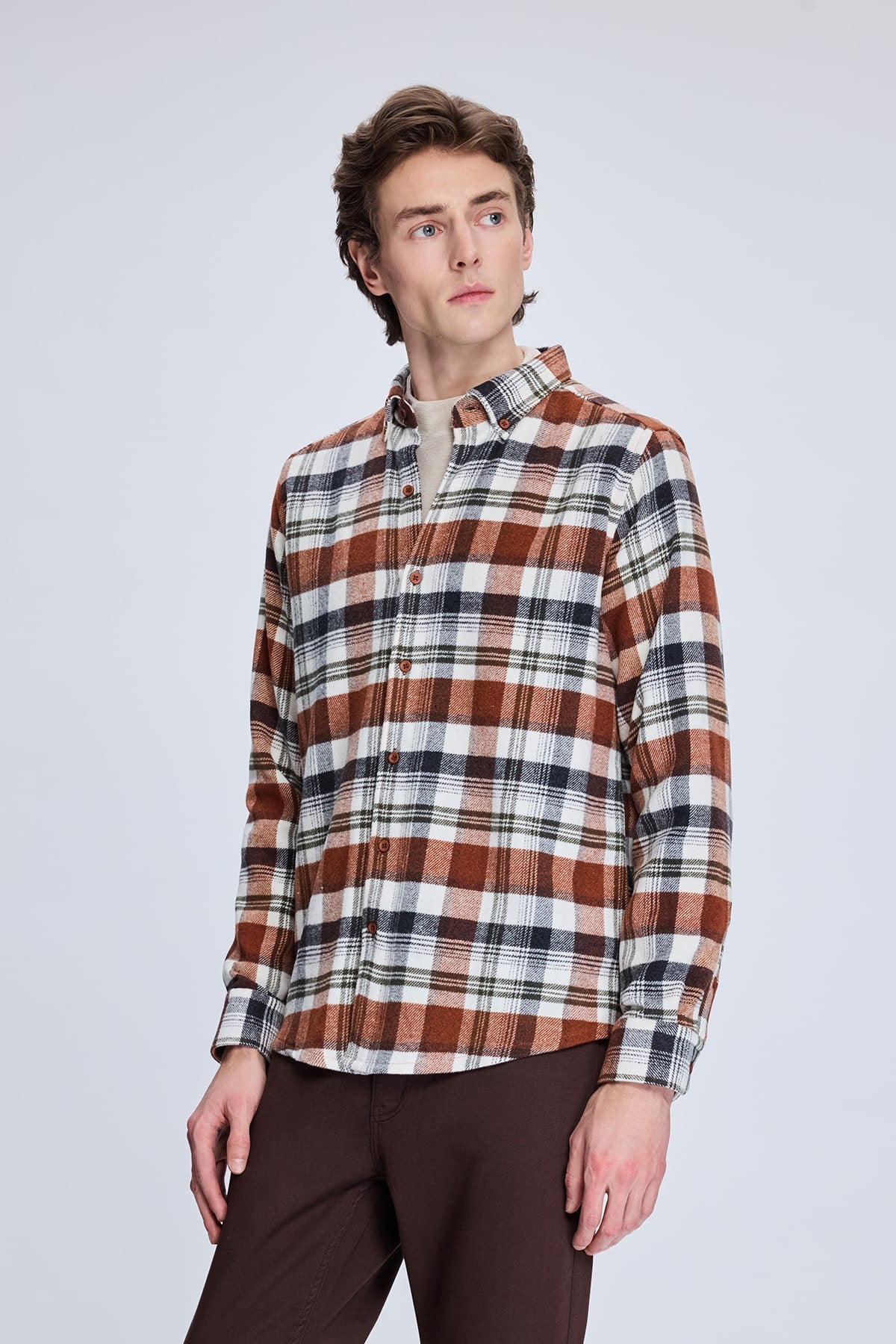 Slim Fit Check Plaid Cotton Blend Brick Casual Shirt - MIB