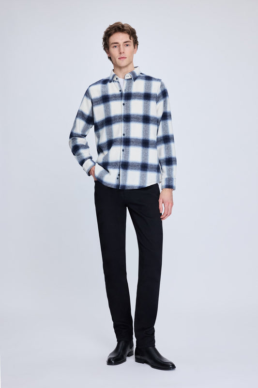 Slim Fit Check Plaid Cotton Blend Navy Casual Shirt - SAYKI