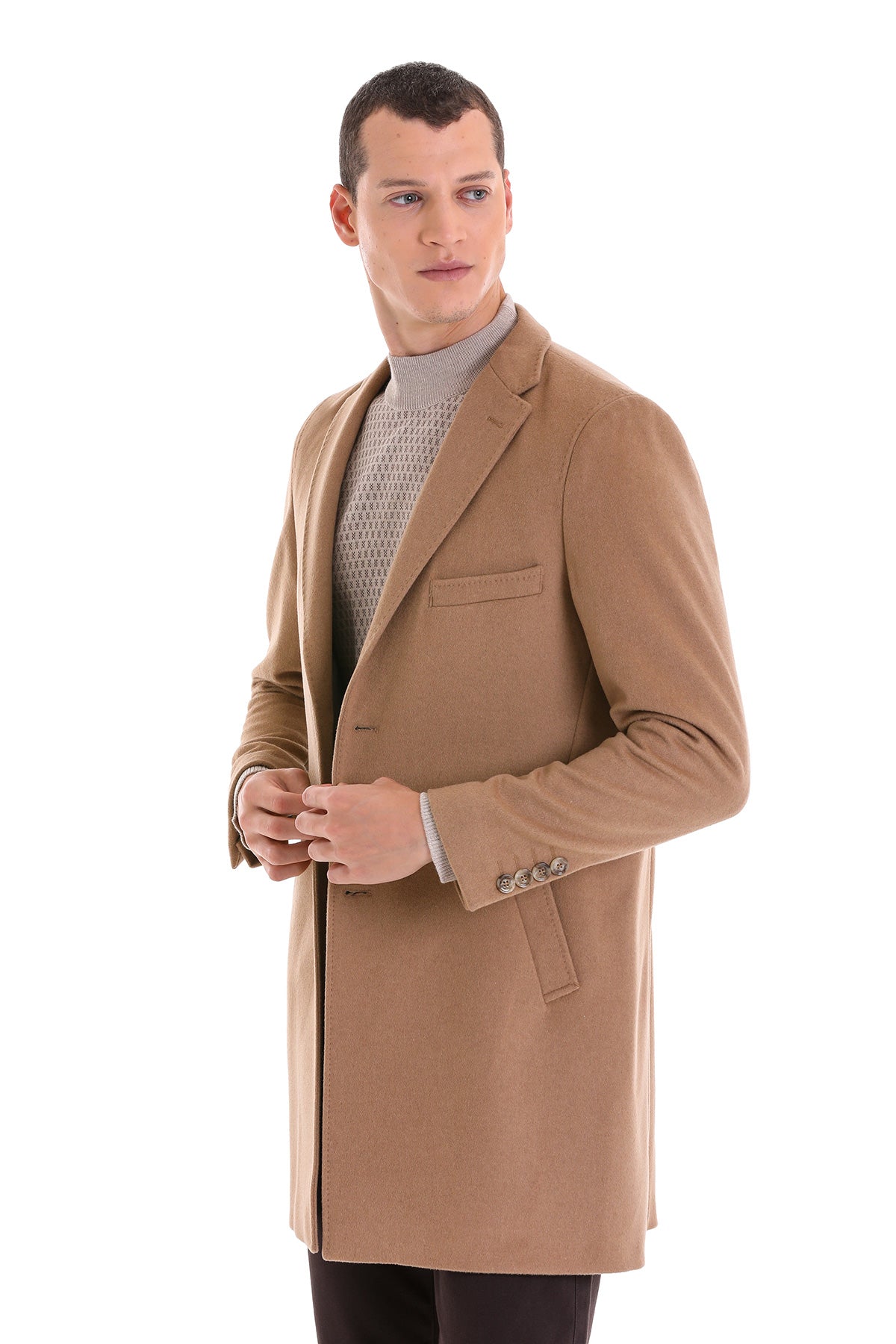 Slim Fit Chest Pocket Notch Lapel Camel Wool Blend Overcoat - SAYKI