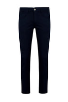 Dark navy blue slim-fit jeans with a classic five-pocket design and a silver-toned button.