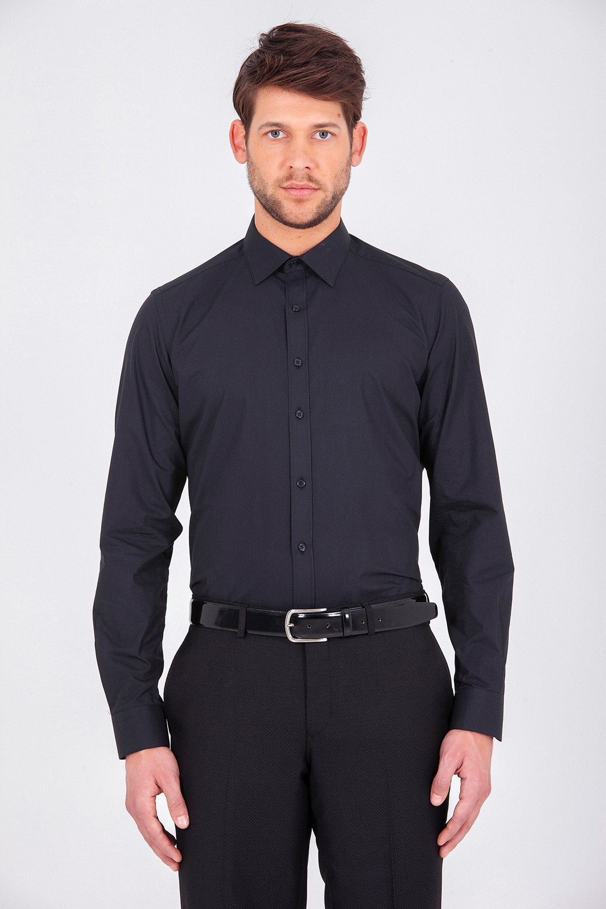 Black long-sleeved dress shirt with a classic collar and button-down front.