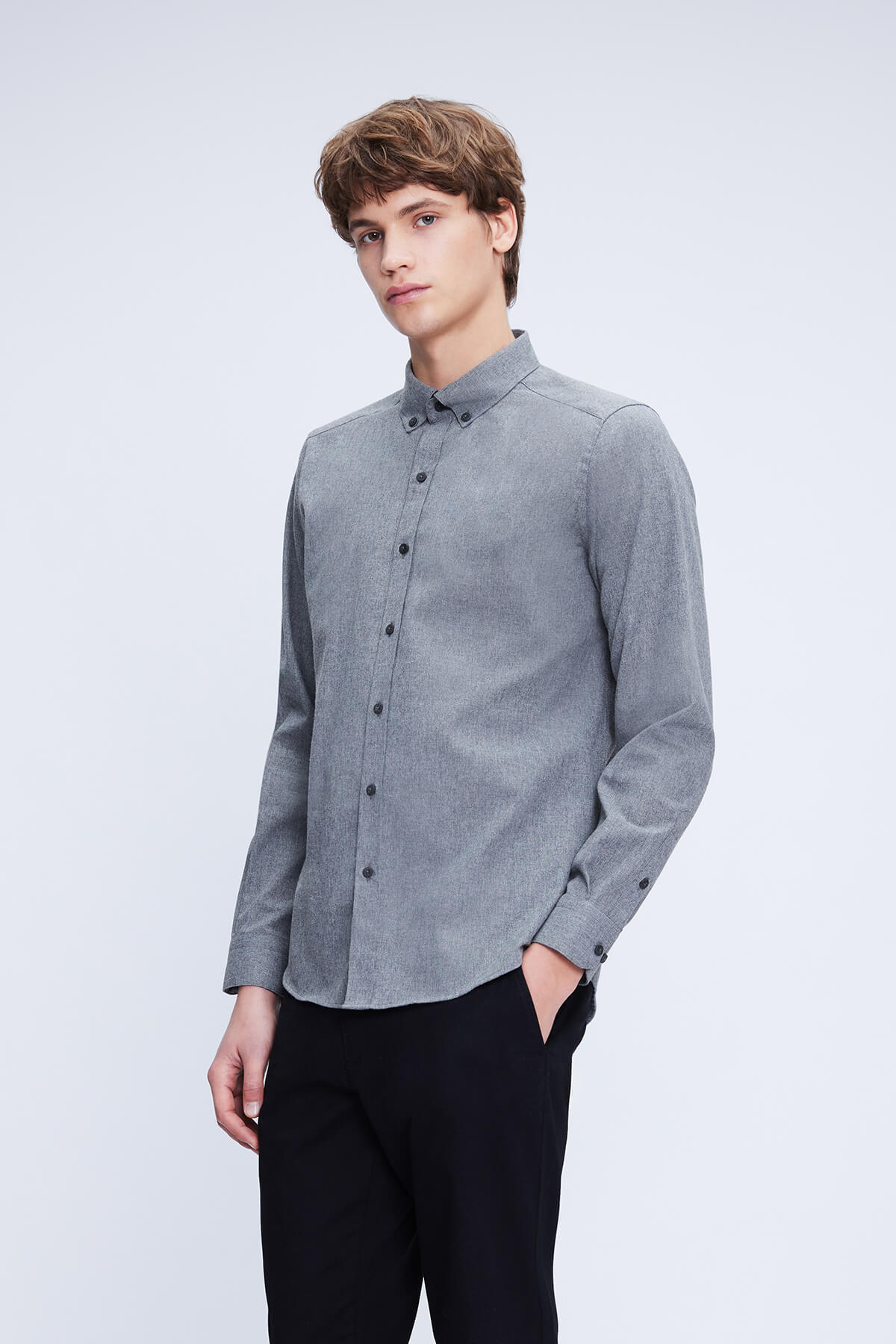 Slim Fit Cotton Blend Gray Casual Shirt - SAYKI