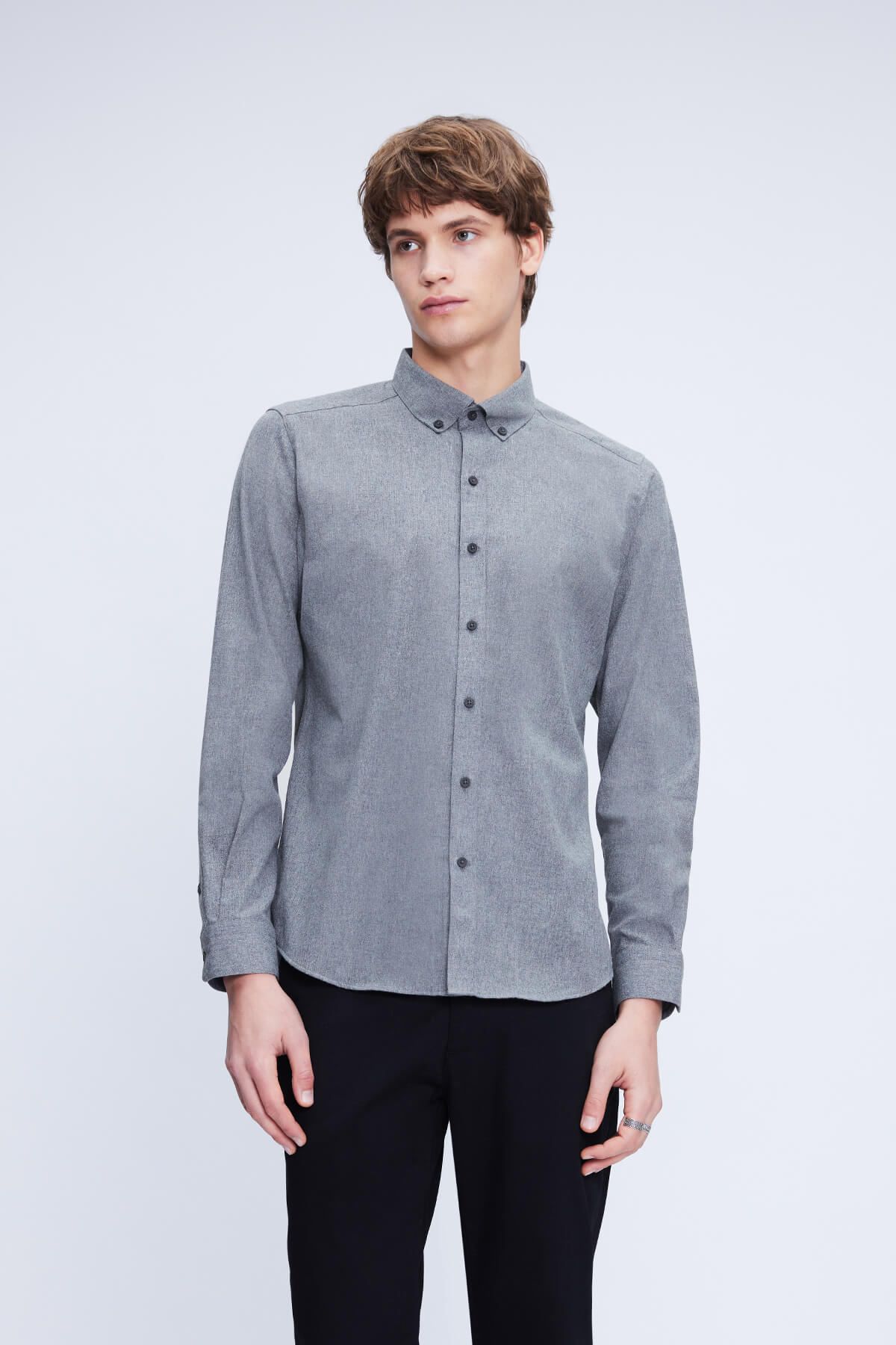 Slim Fit Cotton Blend Gray Casual Shirt - SAYKI
