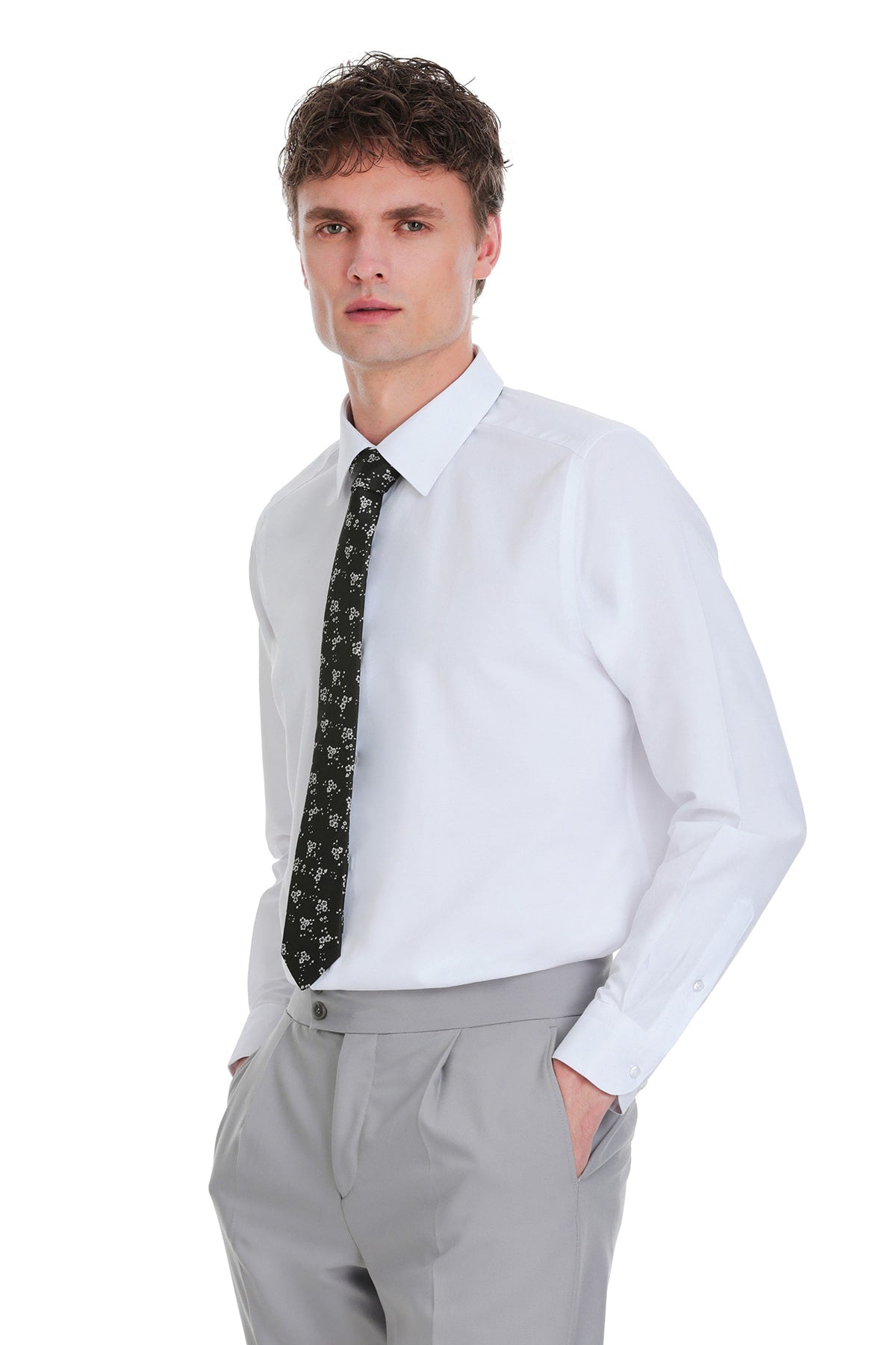 Slim Fit Cotton Long Sleeve White Dress Shirt SAYKI