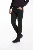 Black slim-fit trousers with a smooth, tailored fabric and subtle stitching details.