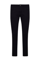 Black slim-fit trousers with a sleek, straight-leg cut and a single button closure at the waist.