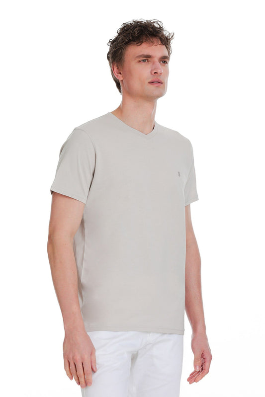 A light gray v-neck cotton t-shirt with a small embroidered logo on the left chest.