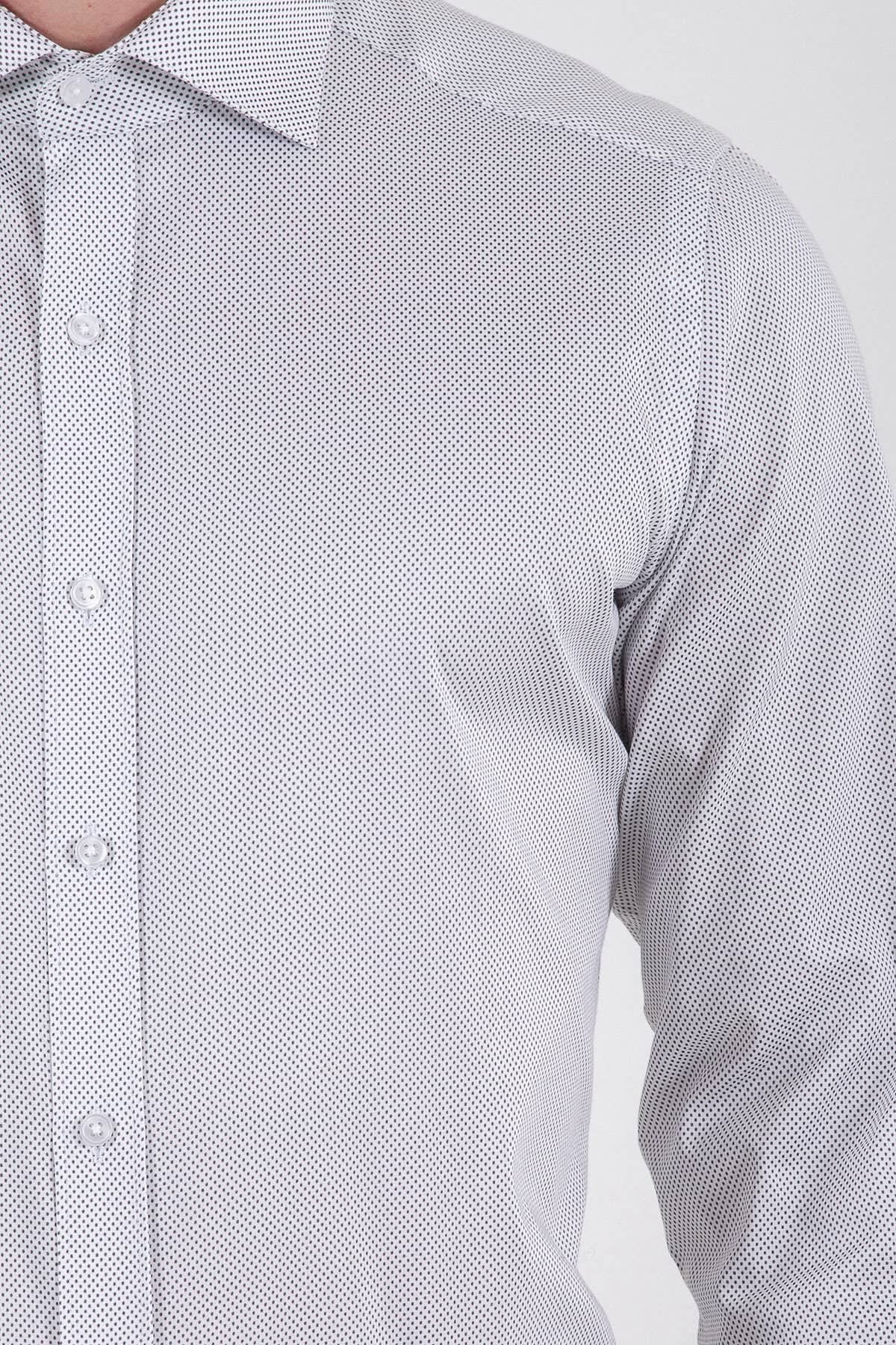 A crisp white dress shirt with a subtle gray dot pattern and classic button-down collar.