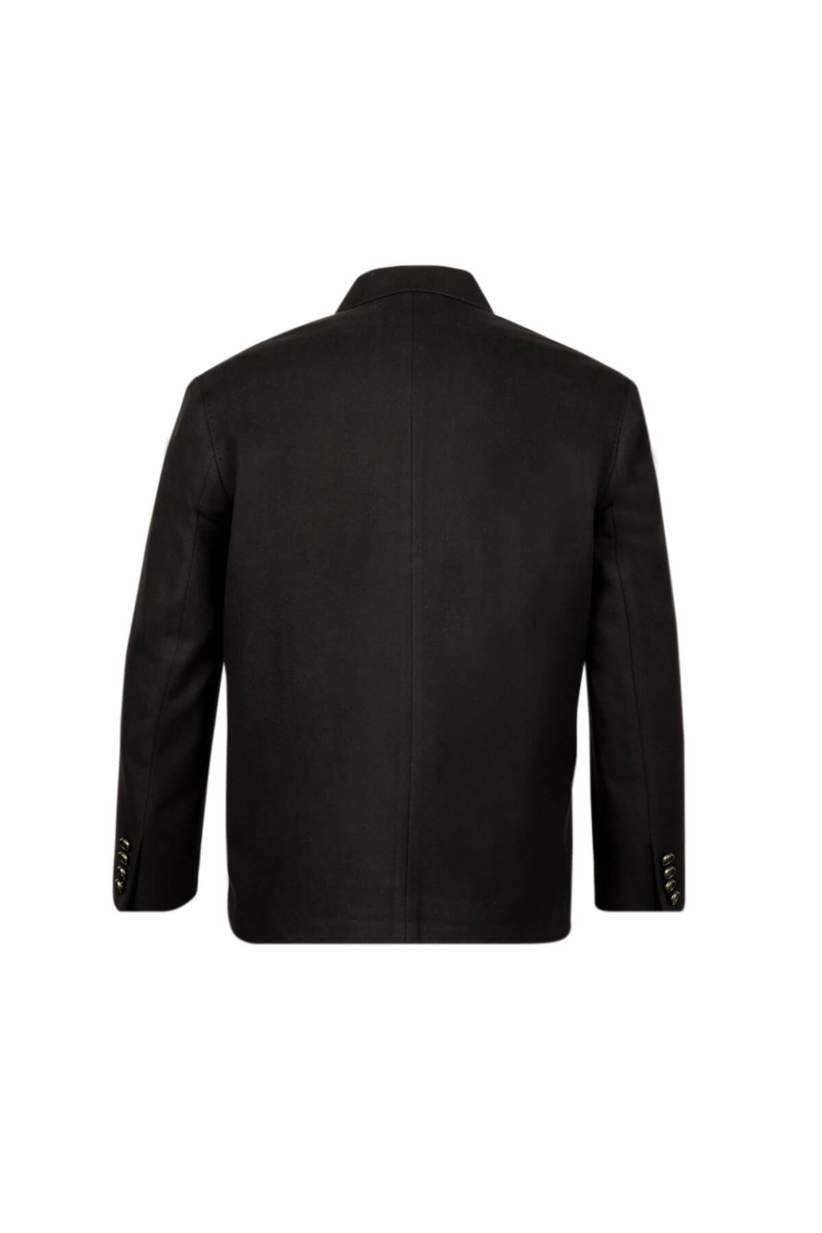 Black tailored blazer with a classic fit and subtle button detailing on the cuffs.