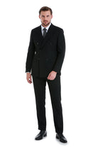 Black double-breasted suit with a tailored fit and classic lapel design.