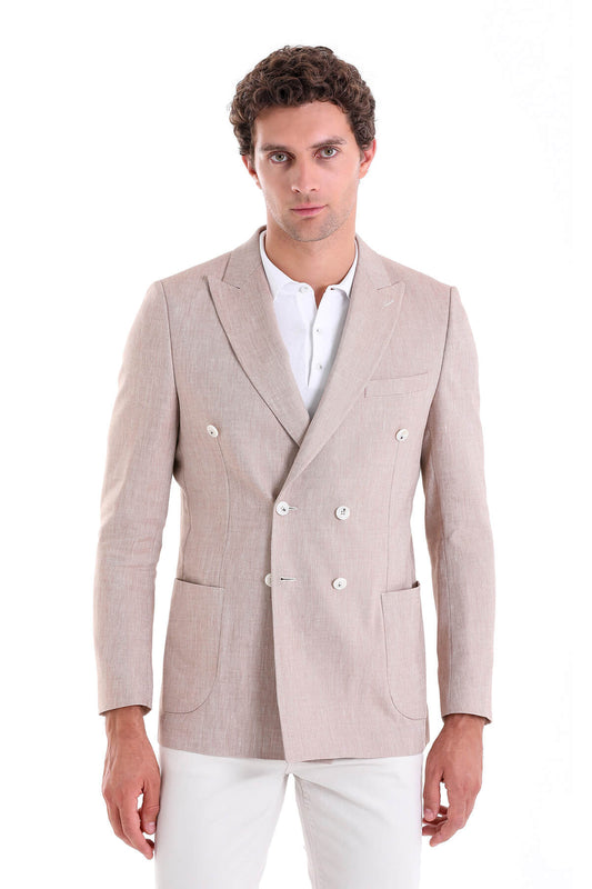 Slim Fit Double Breasted Brick Linen Casual Blazer SAYKI