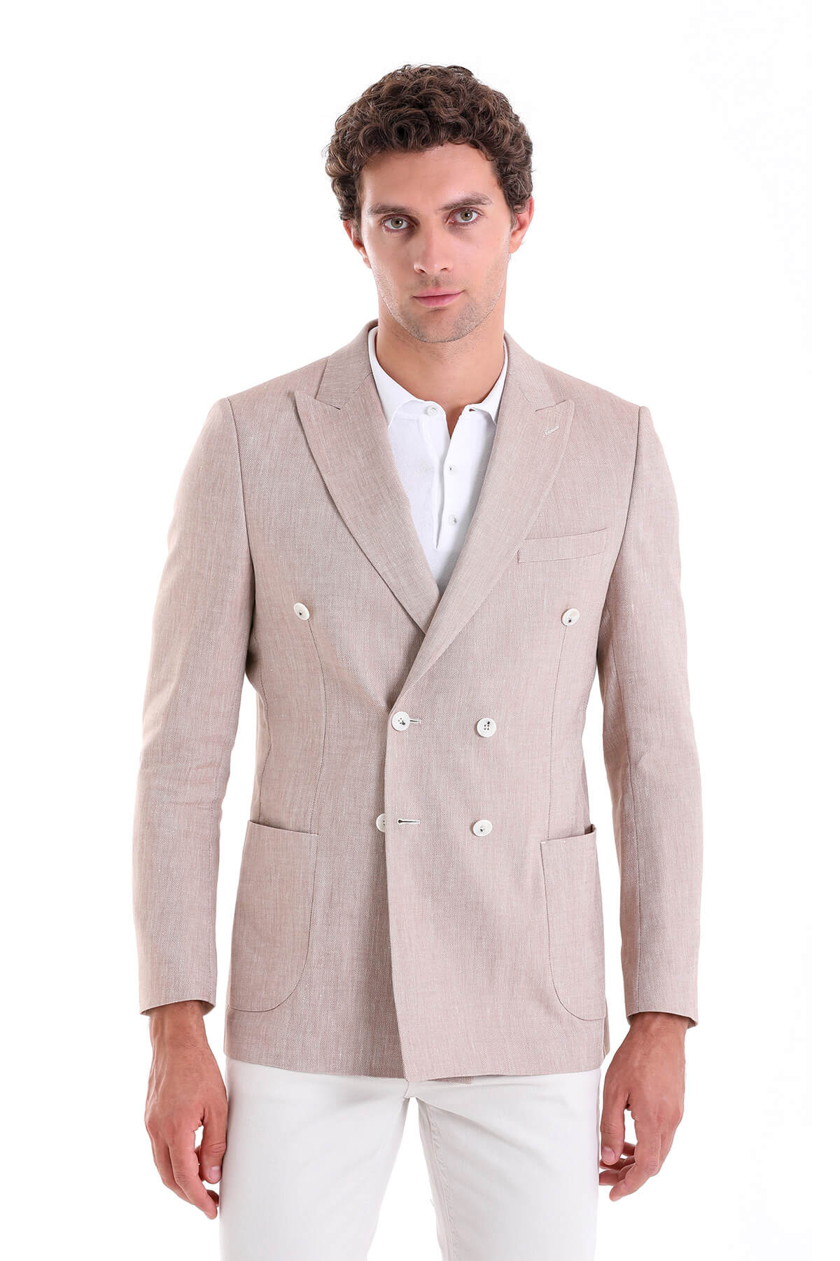 Beige double-breasted blazer with a subtle textured weave and white buttons.