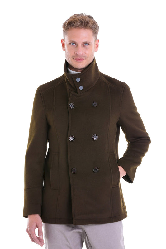 Olive green double-breasted wool coat with dark buttons and a high collar.