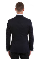 Black tailored slim fit suit jacket with notched lapels and subtle texture from slim fit double breasted navy tuxedo suit