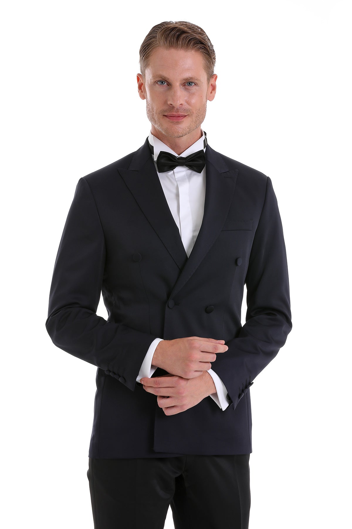 Slim fit black double-breasted tuxedo jacket with notched lapels and satin trim for formal occasions
