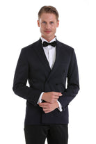 Slim fit black double-breasted tuxedo jacket with notched lapels and satin trim for formal occasions